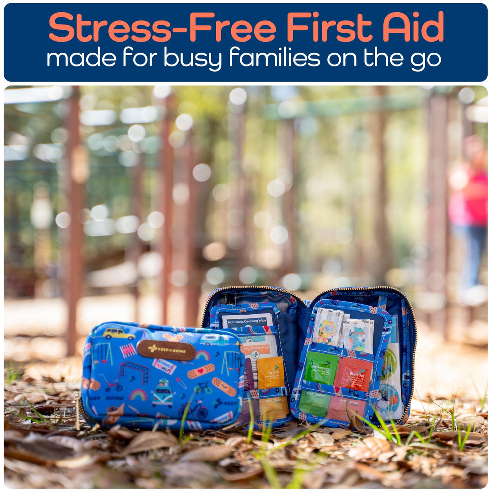 KeepGoing TSA-approved travel-size kit fits bags for easy access.