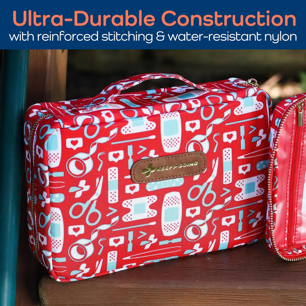 KeepGoing water-resistant case protects supplies from spills and weather.