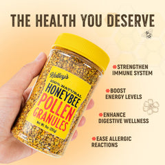 Nutrition facts panel on Kelley’s Bee Pollen highlights protein and minerals