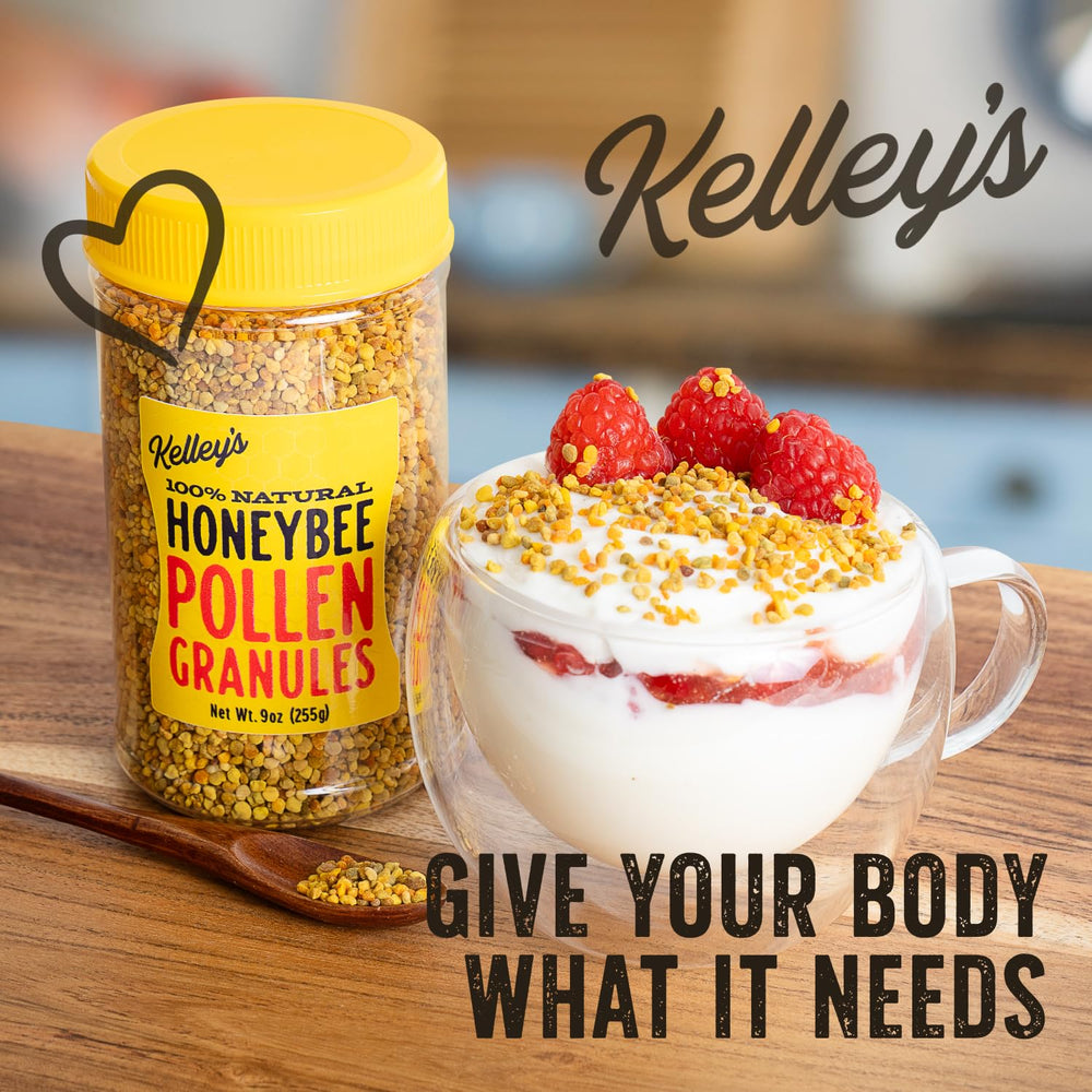 Compact 9 oz Kelley’s Bee Pollen jar on kitchen shelf for easy storage