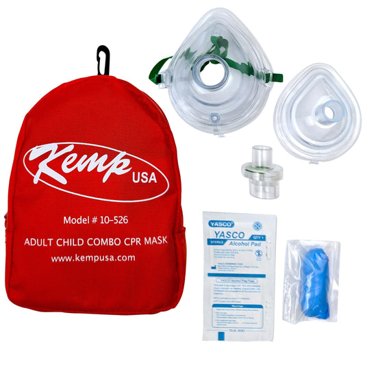 Kemp USA CPR mask for adults provides a protective barrier for rescue breathing.