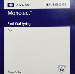 Kendall Monoject 3ml syringe, clear barrel with readable markings for precise oral dosing