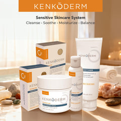 Kenkoderm conditioner on bathroom shelf highlighting fragrance- and color-free design