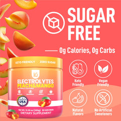 Keppi Peach Mango electrolytes poured into a glass, showcasing bright flavor