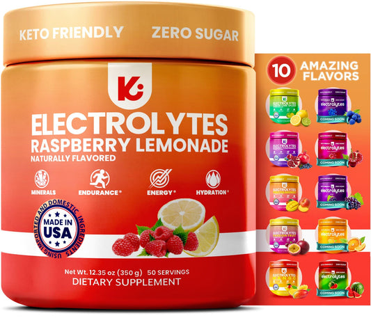 Keppi Raspberry Lemonade Electrolytes powder tub for zero-sugar hydration.