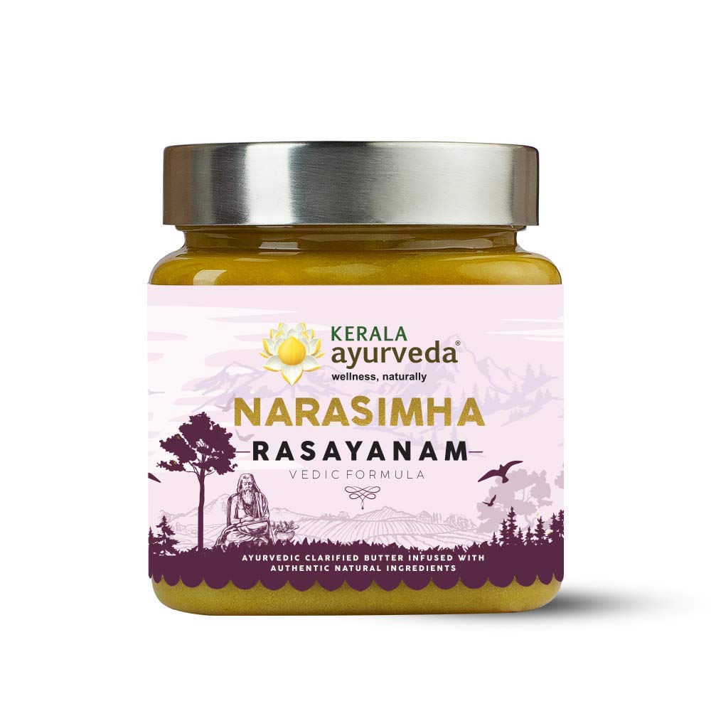 Kerala Ayurveda Narasimha Rasayanam jar close-up with ghee and herbs for rejuvenation