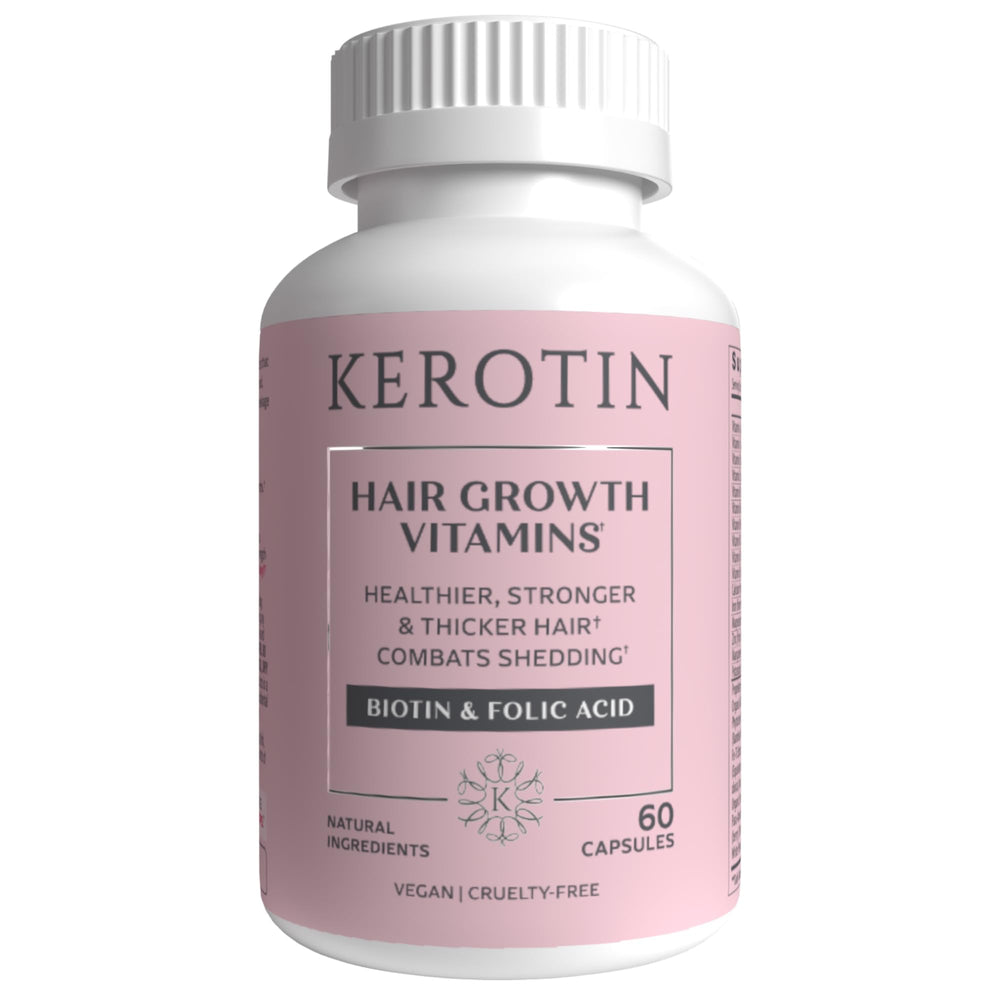 Kerotin Hair Growth Vitamins bottle showing a complete hair care solution for healthier hair