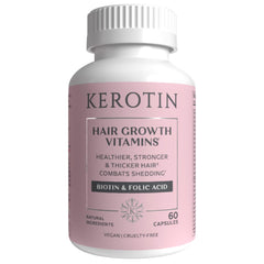 Kerotin Hair Growth Vitamins bottle showing a complete hair care solution for healthier hair