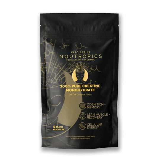 Keto Brainz creatine travel pack with sealed foil for on-the-go supplementation.