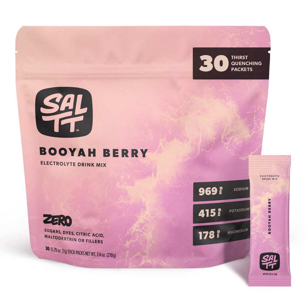 Keto Chow SALTT Booyah Berry packet front shows zero sugar hydration for active days