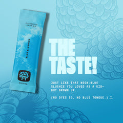 Keto Chow SALTT Blue Slushies bottle with glass on a bright surface