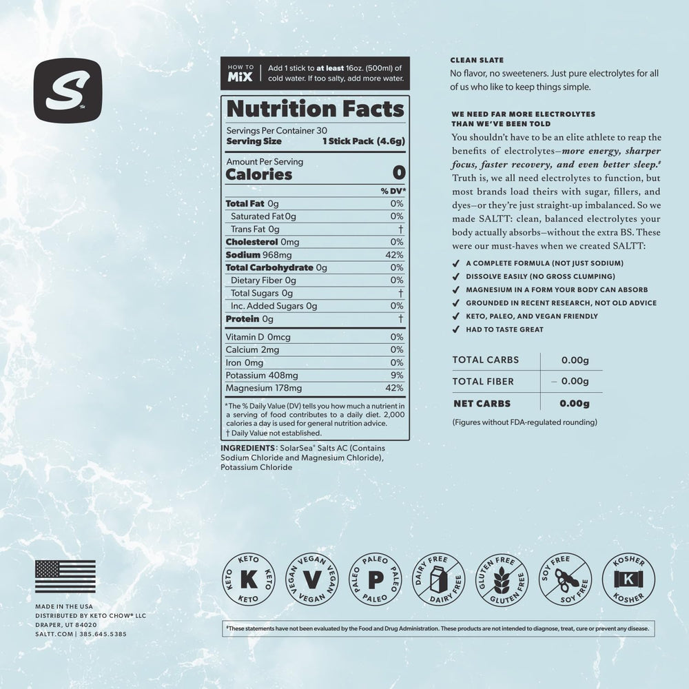 Keto Chow SALTT clean formula for everyday hydration without additives.