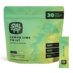 Keto Chow SALTT Lemon Lime Twist packet beside a bottle for on-the-go hydration.