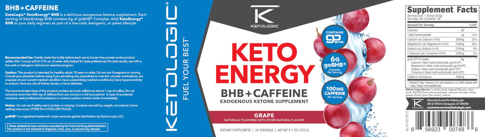 Close-up of Ketologic BHB KetoEnergy label detailing vegan, dairy-free attributes.