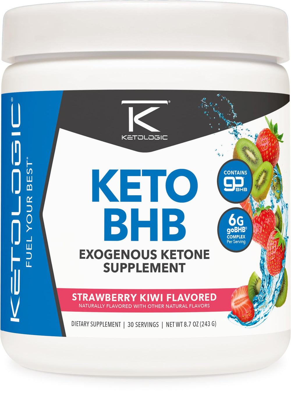 Ketologic Keto BHB Strawberry Kiwi bottle showing 30 servings for ongoing ketosis support