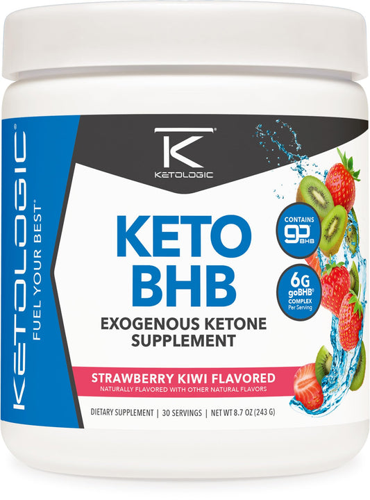Ketologic Keto BHB Strawberry Kiwi bottle showing 30 servings for ongoing ketosis support