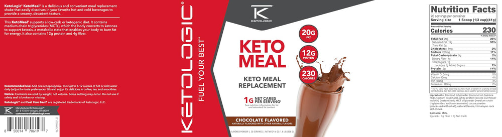 Nutrition label on Ketomeal tub shows low net carbs and keto macros.