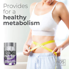 Keto-Max raspberry ketones amber bottle suggests natural energy and appetite balance.