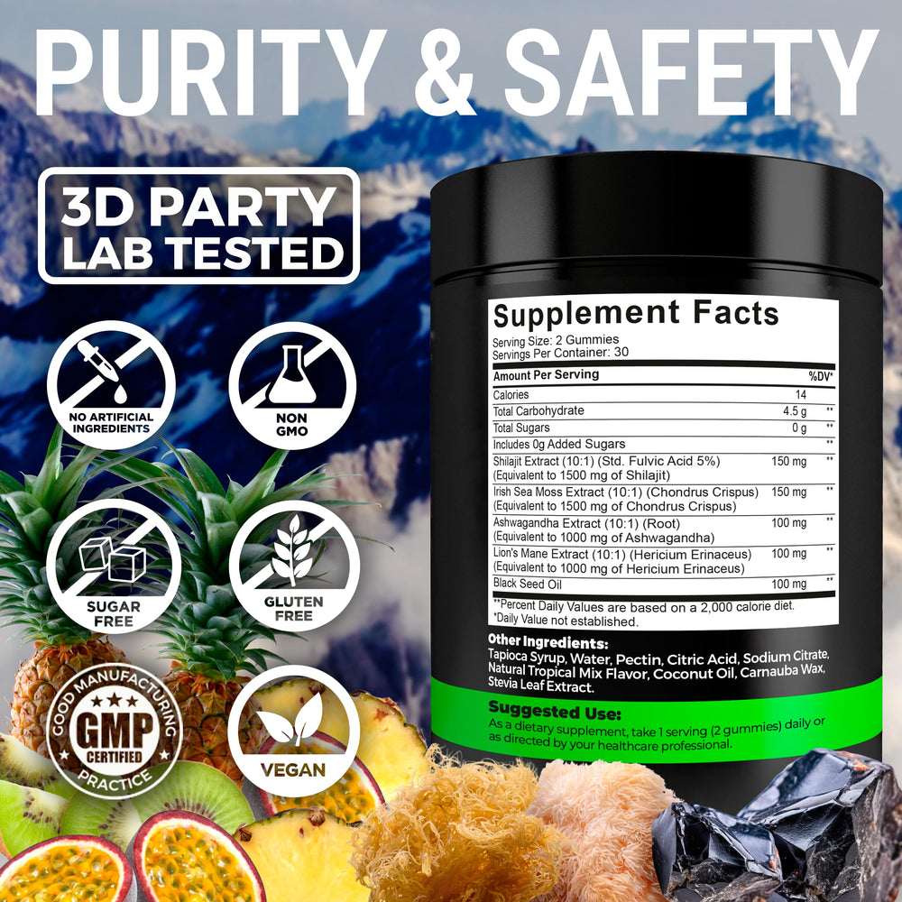 Key Elements Shilajit Gummies featuring Lion's Mane extract for focus.