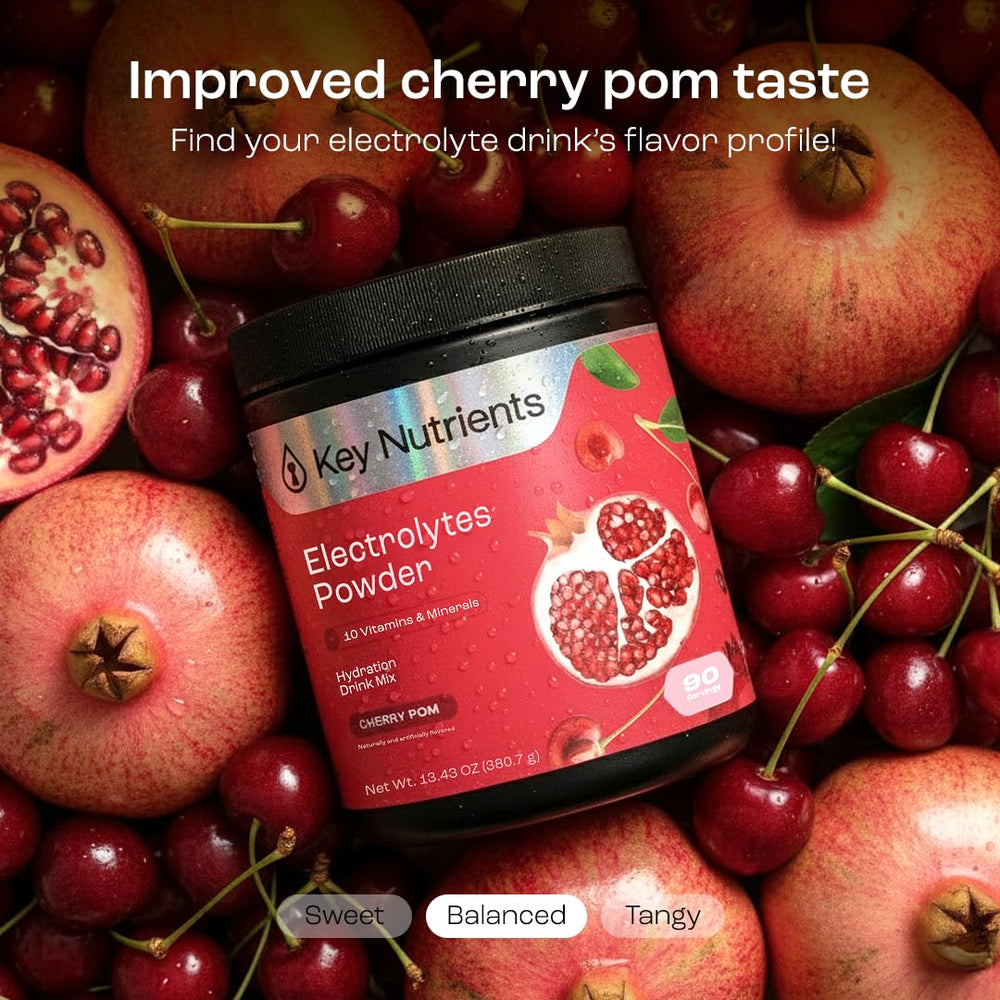 KEY NUTRIENTS Sweet Cherry Pom dissolving in water for a refreshing, sugar-free hydration boost.