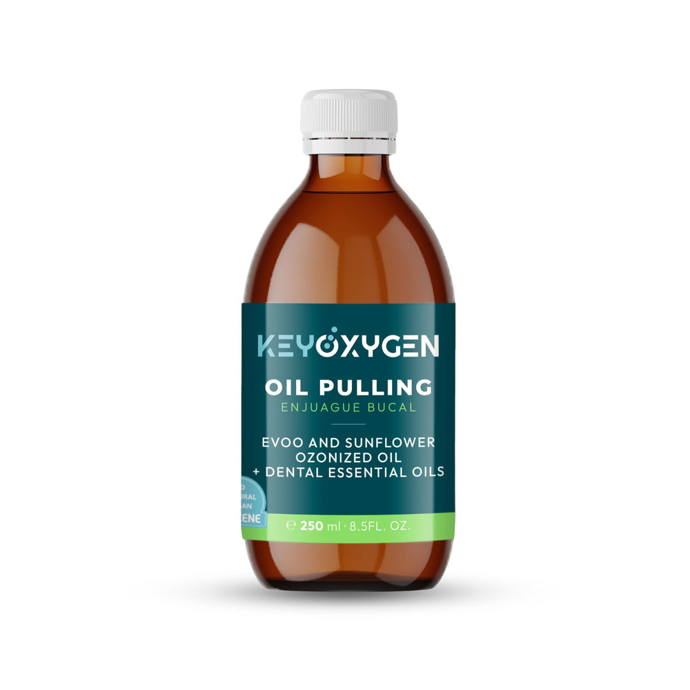Keyoxygen ozonated pulling oil bottle closeup showing freshness and potential breath improvement