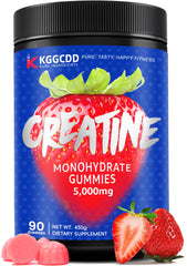 KGGCDD strawberry gummies bottle close-up, tasty daily supplement for creatine intake