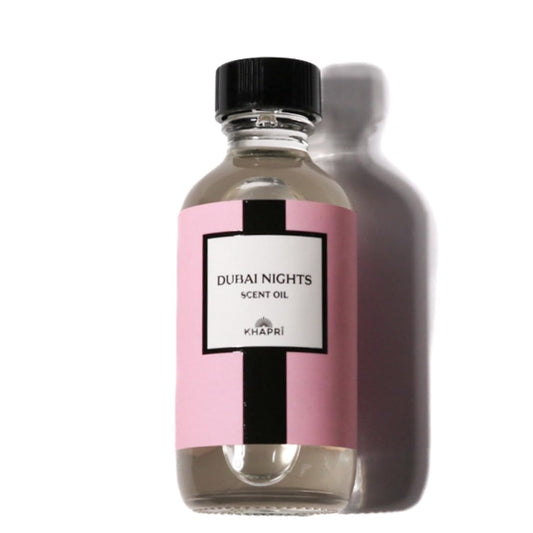 KHAPRI Dubai Nights bottle close-up, showing rose oud amber aroma for luxury ambience