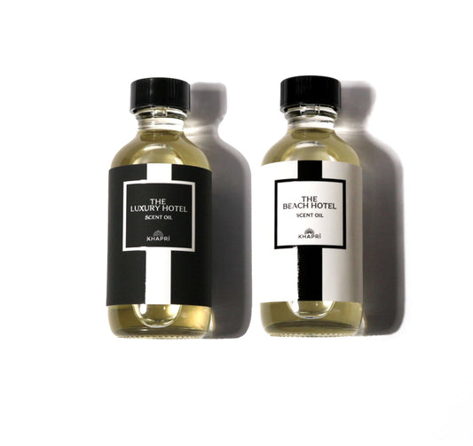 KHAPRI Luxury Hotel bottle highlighting sandalwood, violet, amber for refined spaces