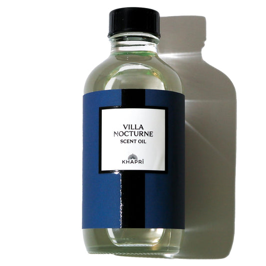 KHAPRI Villa Nocturne bottle closeup highlighting long-lasting fragrance for any room.
