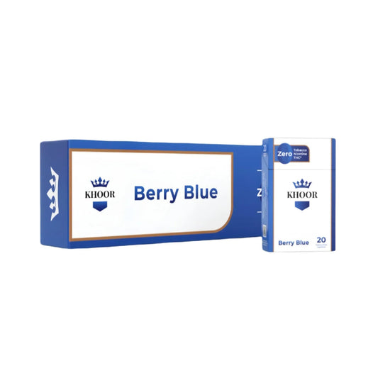 KHOOR Berry Blue Carton pack showing convenient, nicotine-free herbal cigarettes for on the go use.