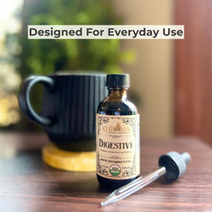 Khroma Organic Digestive Blend glass bottle on shelf, premium packaging