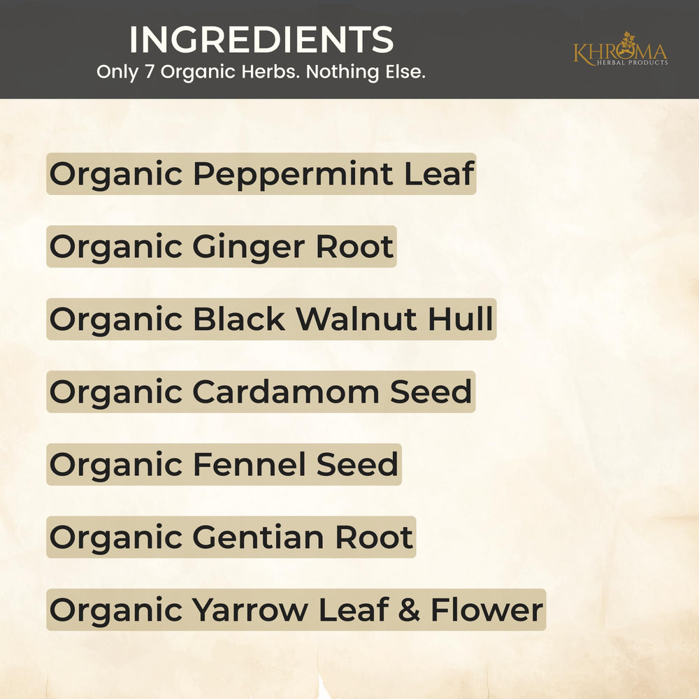 Khroma Organic Digestive Blend ingredients label highlights organic herbs for gentle support