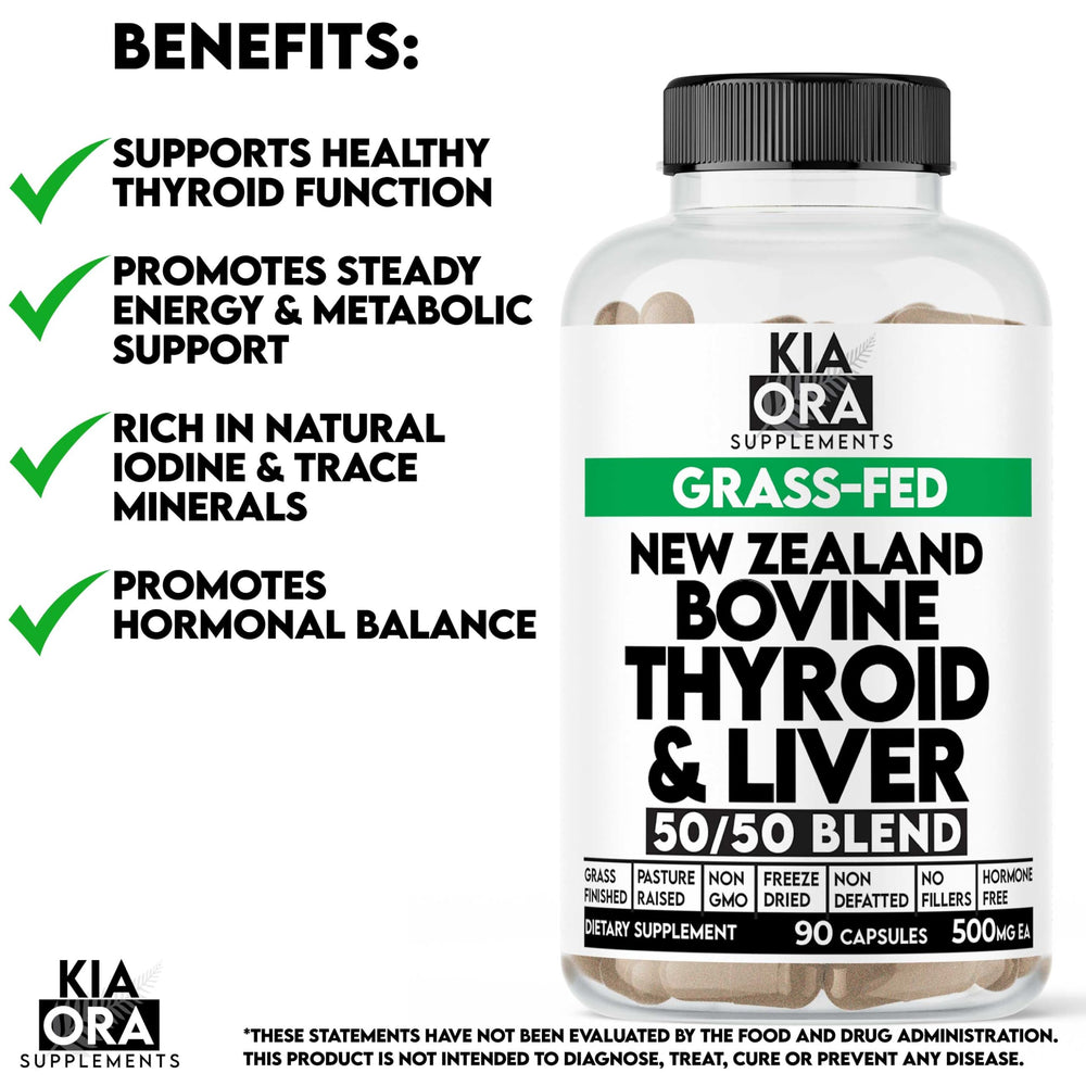 Closeup of Kia Ora NZ grass-fed thyroid-liver capsules highlighting purity and blend.