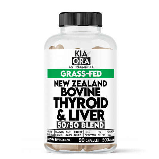 Kia Ora Supplements beef thyroid liver capsules in a bottle for daily energy support.