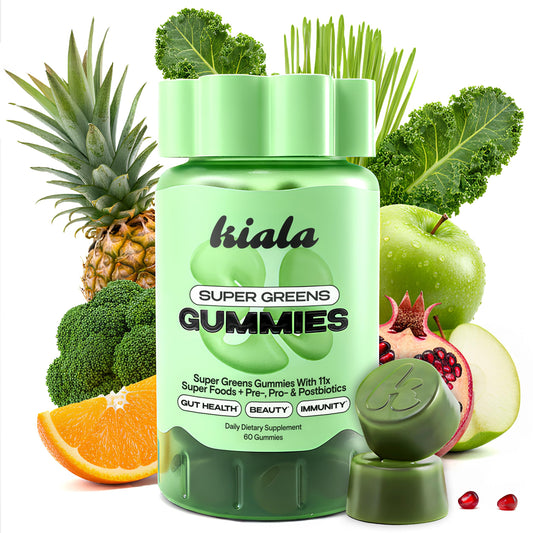 Kiala Nutrition Super Greens Gummies bottle highlights dairy-free, plant-based wellness for daily support.