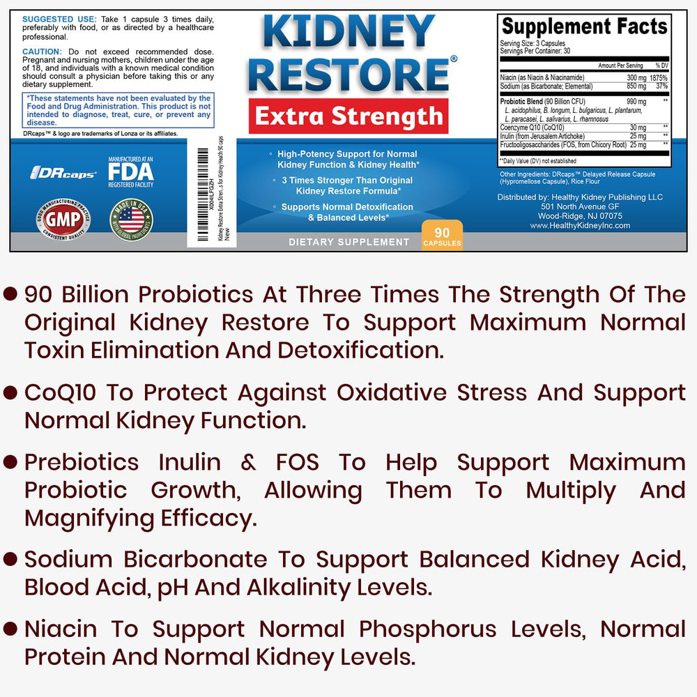 Kidney Restore bottle closeup highlighting 90 capsules for renal health support