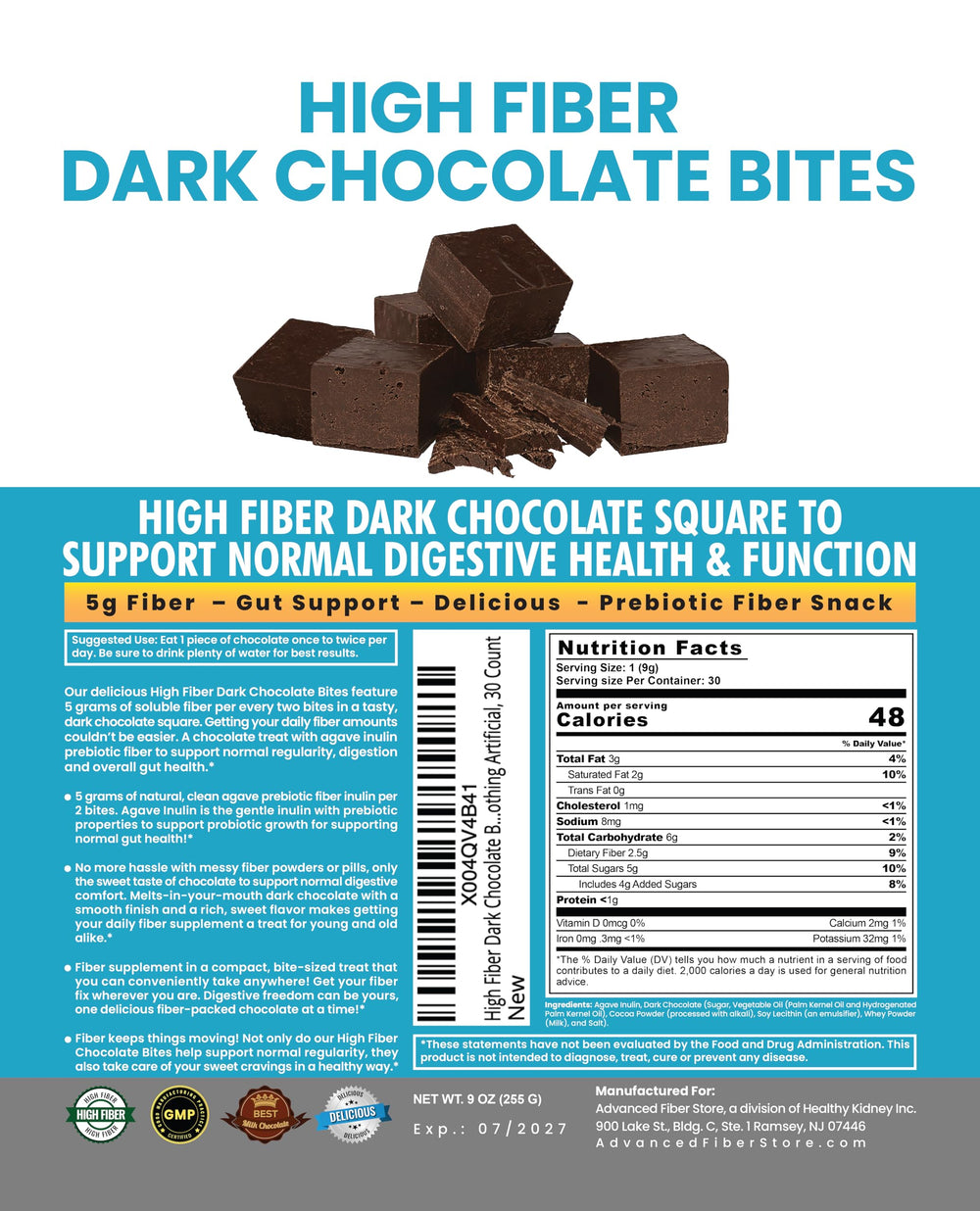 Kidney Restore high fiber bites closeup highlighting smooth chocolate texture with soluble fiber.