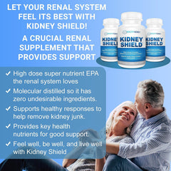 Kidney Shield capsules close-up showing omega-3 softgels for renal support.