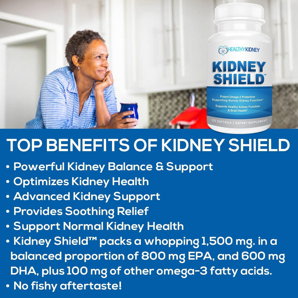 Kidney Shield ingredient panel shows purified omega-3 fatty acids for renal health.
