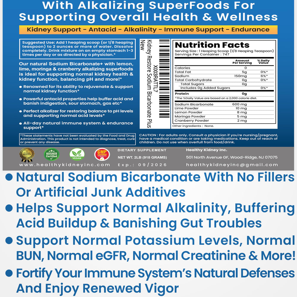 Kidney Restore label view highlights organic, OMRI-certified bicarbonate benefits