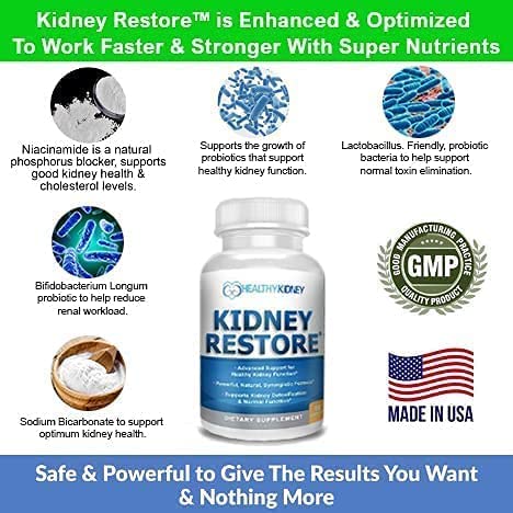 Kidney Restore packaging graphic showing quality and manufacturing standards