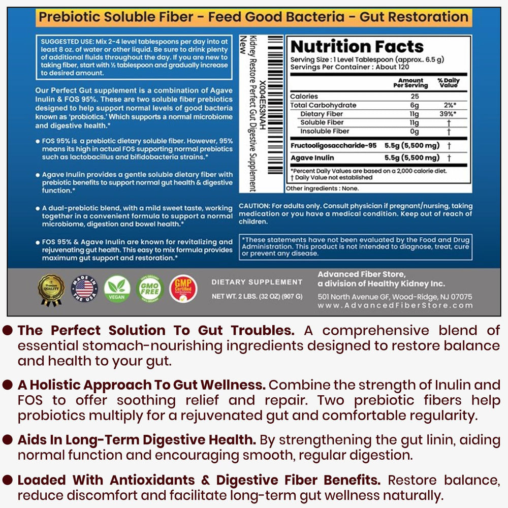 Measuring spoon with Perfect Gut powder emphasizes simple fiber integration.