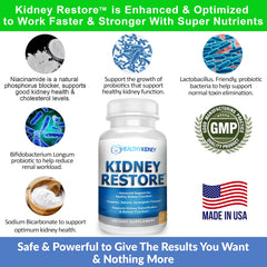 Kidney Restore probiotic-FOS blend suggests gut-kidney synergy.