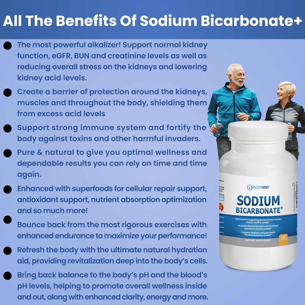 Kidney Restore Sodium Bicarbonate capsules close-up highlighting alkalizing formula for digestion and endurance.