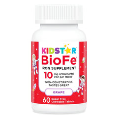 KidStar BioFe Pure Iron Chewables front label highlighting natural grape flavor for kids.