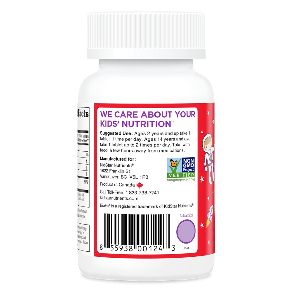 KidStar BioFe Pure Iron Chewables grape flavor image highlighting a sugar-free option.