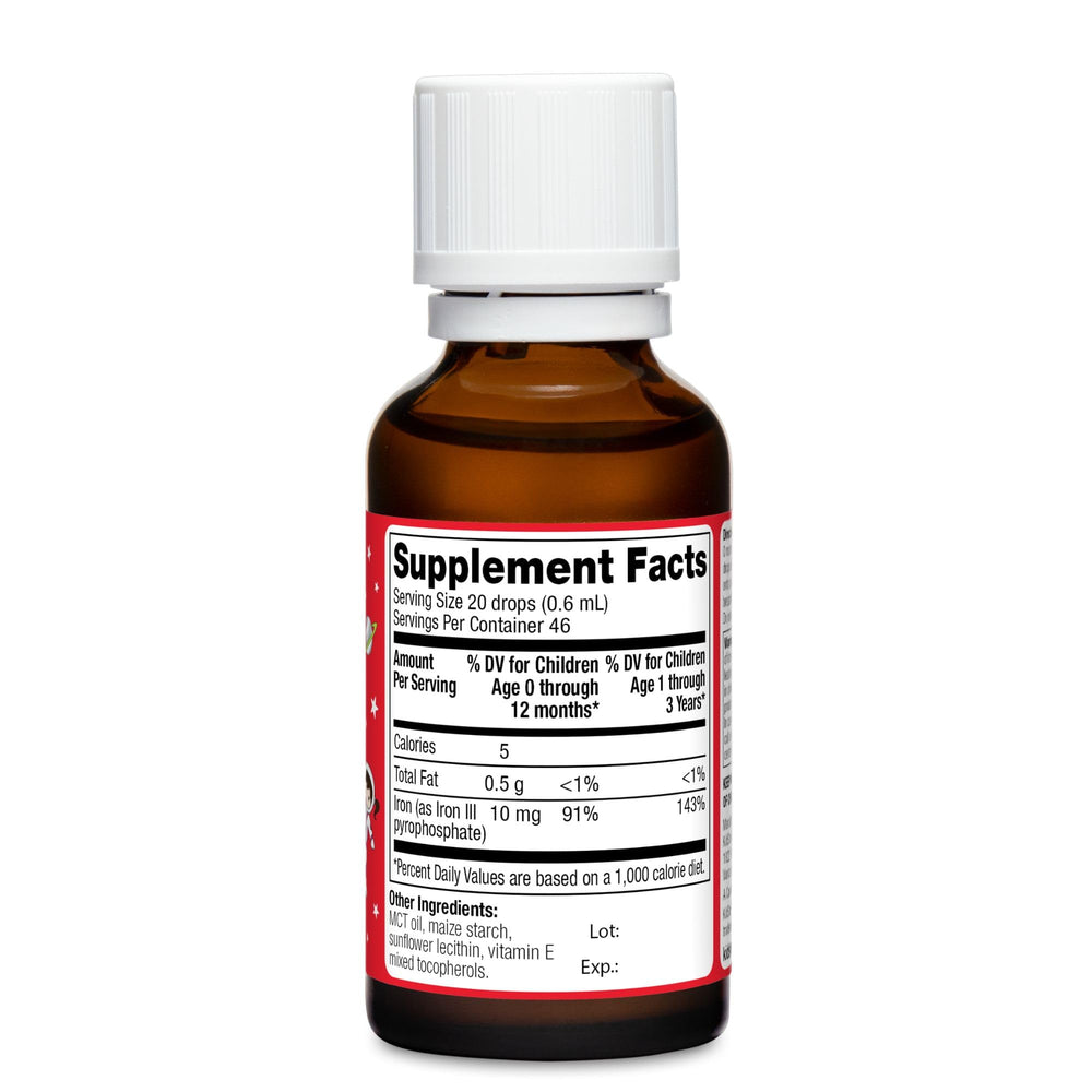 KidStar BioFe Pure Iron Drops dropper in use for infants.