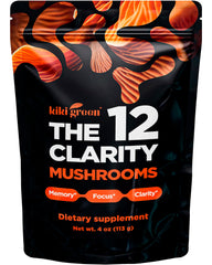 KIKI Green 12 Mushroom Powder bottle highlighting a vegan, multi-mushroom blend for daily focus.