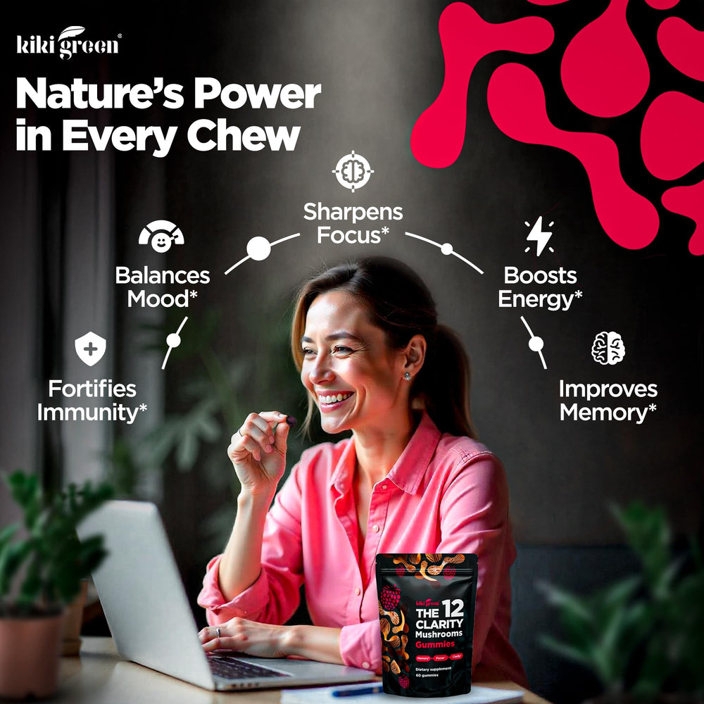 KIKI Green 12 mushrooms infographic bottle highlights 10:1 extract potency.