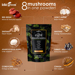 KIKI Green lions-mane powder bottle for mental clarity during morning coffee